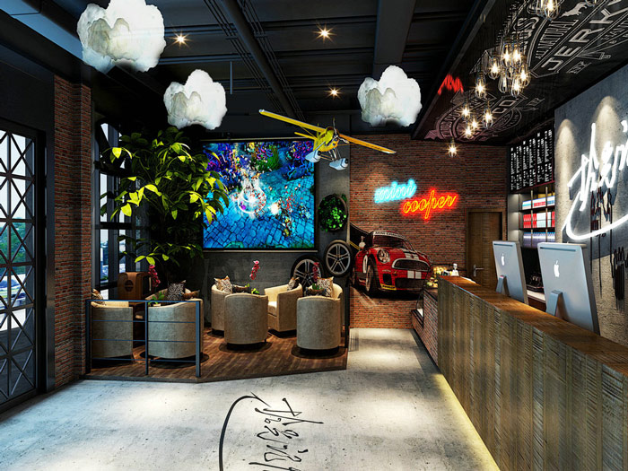 現代創新網咖吧臺休閑區裝修設計案例效果圖