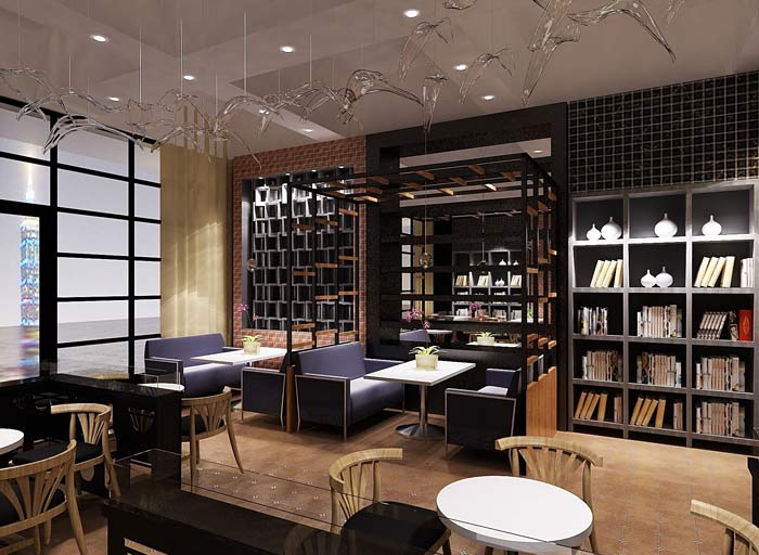 書苑咖啡館廳前臺區域裝修設計案例效果圖