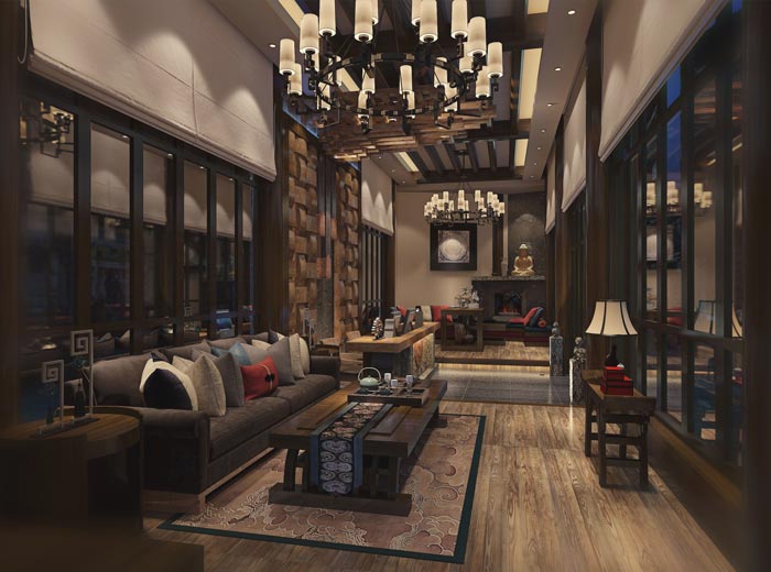 新中式商務酒店前臺客廳裝修設計案例