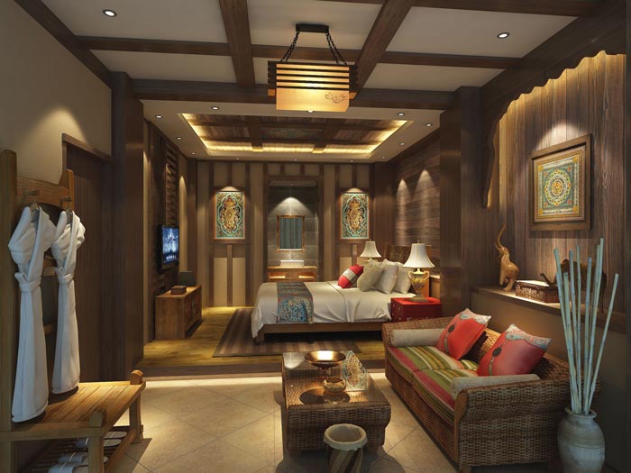 新中式商務酒店特色單人客房裝修設計案例效果圖