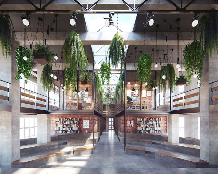 loft風(fēng)格眾創(chuàng)空間辦公室過道裝修設(shè)計(jì)效果圖