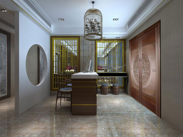 杭州中式辦公室前臺裝修設(shè)計效果圖