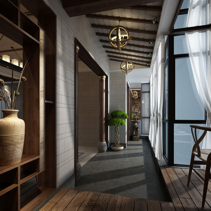 小型中式辦公室陽臺過道裝修設(shè)計(jì)效果圖