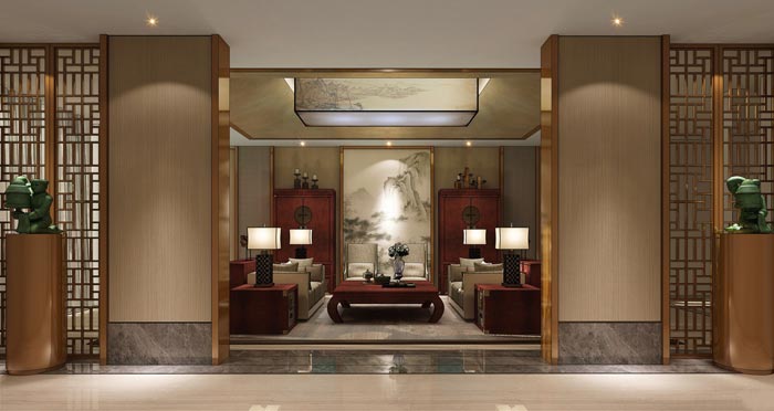 中式辦公空間接待區裝修設計效果圖