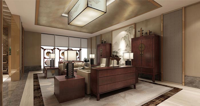 中式辦公空間接待區裝修設計效果圖